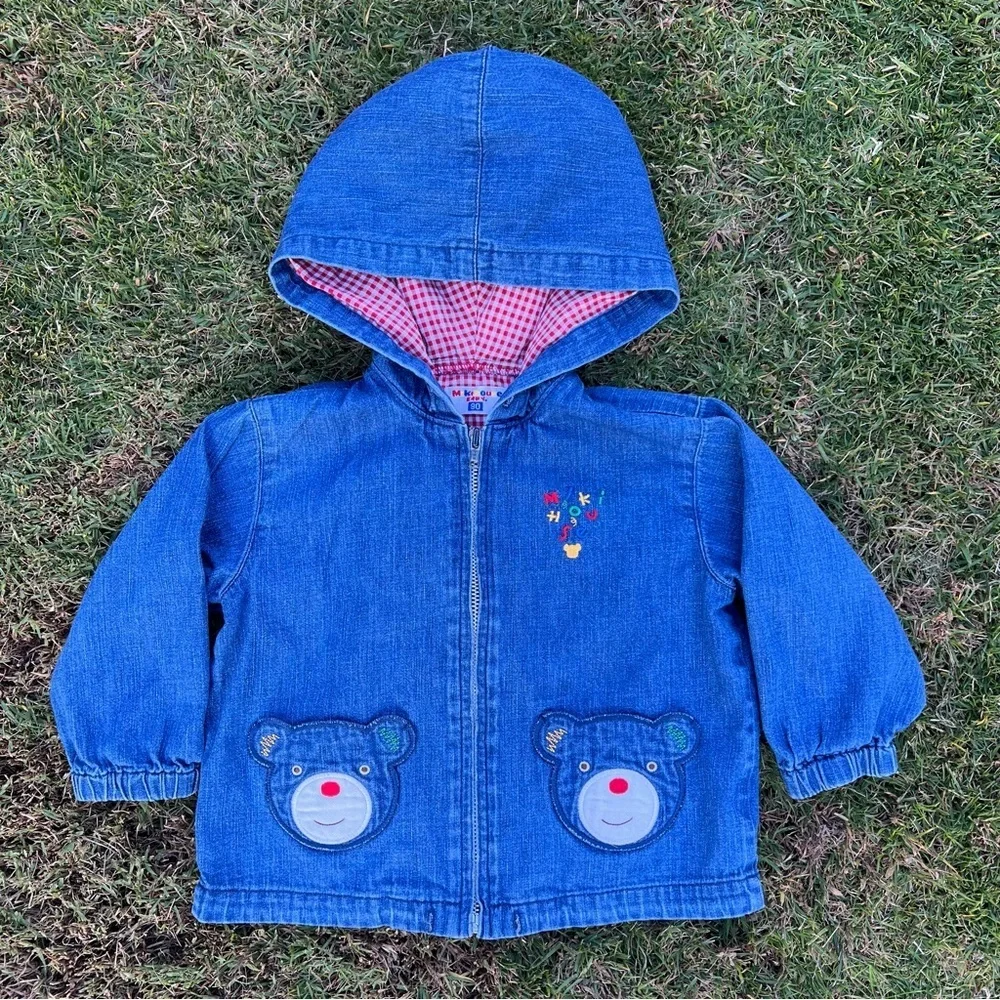 Miki House Baby Bear Pocket Denim Jacket Red Gingham Lightweight Japan 2T GUC